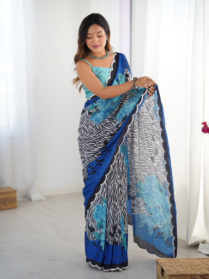 Blue Petal Elegance Chinnon Saree for Women