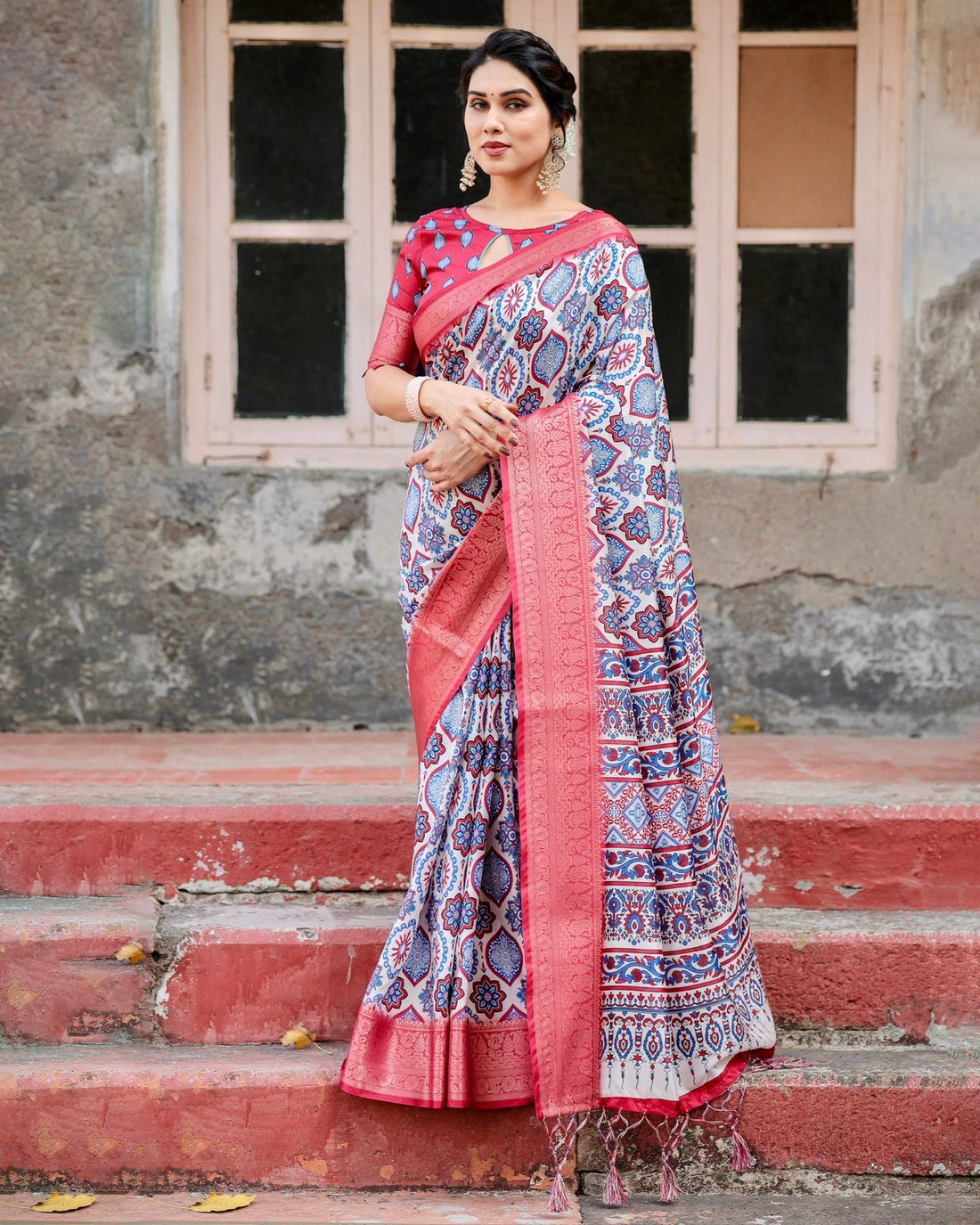 Red Blue Printed Banarasi Silk Saree India for Women