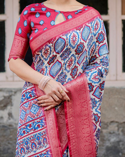 Red Blue Printed Banarasi Silk Saree India for Women