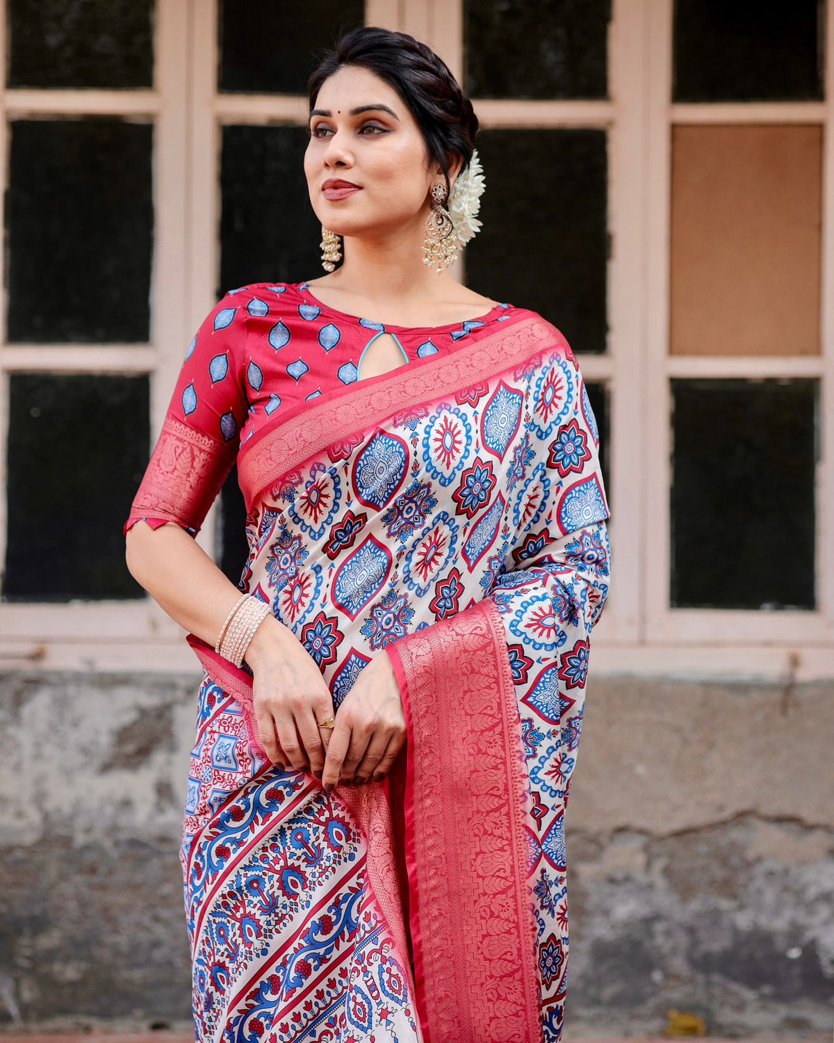 Red Blue Printed Banarasi Silk Saree India for Women