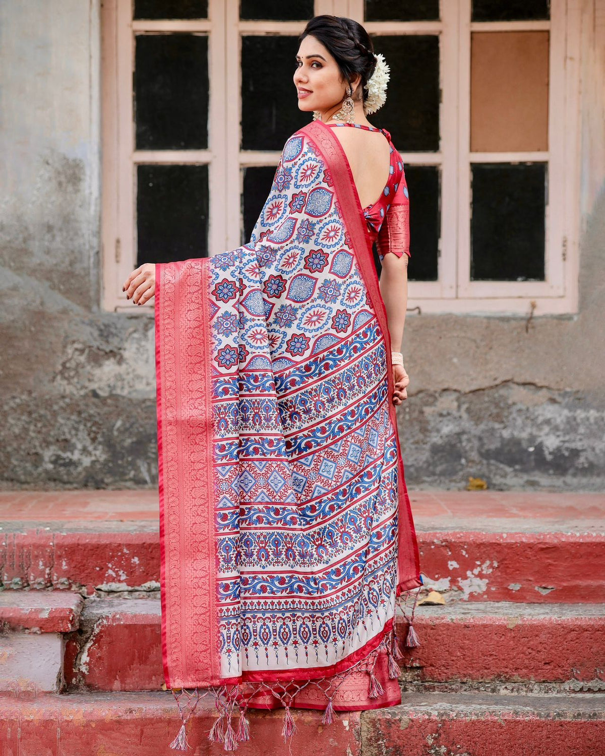 Red Blue Printed Banarasi Silk Saree India for Women