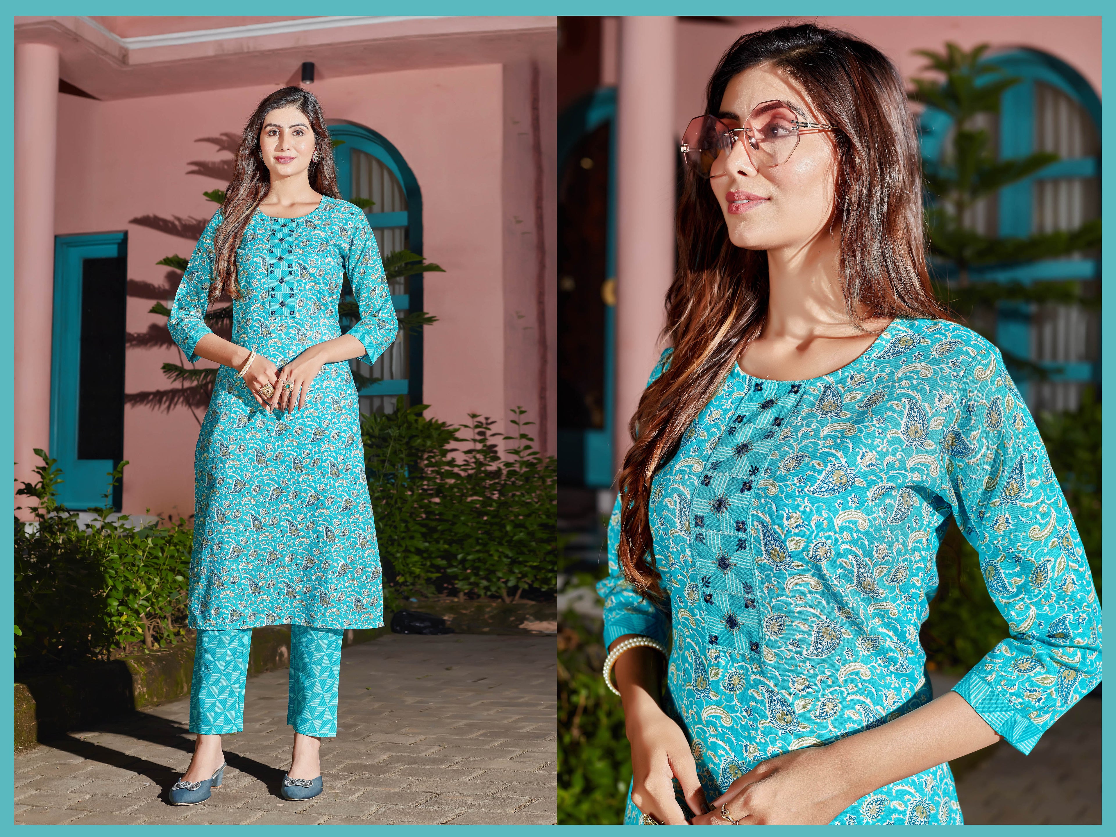 Sky Blue Printed Cotton Kurti Pant Set for Women