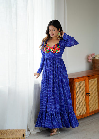 Blue Printed Georgette Designer Gown Festive for Women
