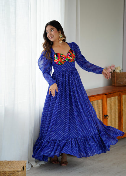 Blue Printed Georgette Designer Gown Festive for Women