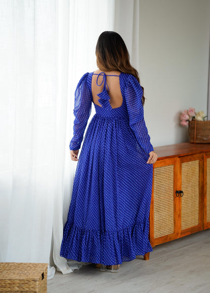 Blue Printed Georgette Designer Gown Festive for Women