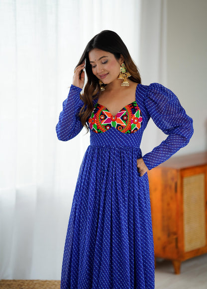 Blue Printed Georgette Designer Gown Festive for Women