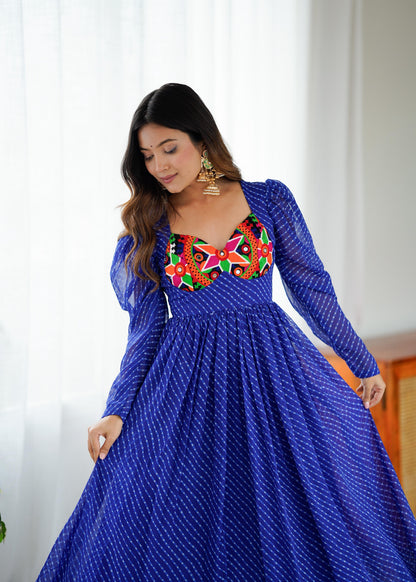 Blue Printed Georgette Designer Gown Festive for Women