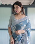 Blue Printed Linen Saree for Women