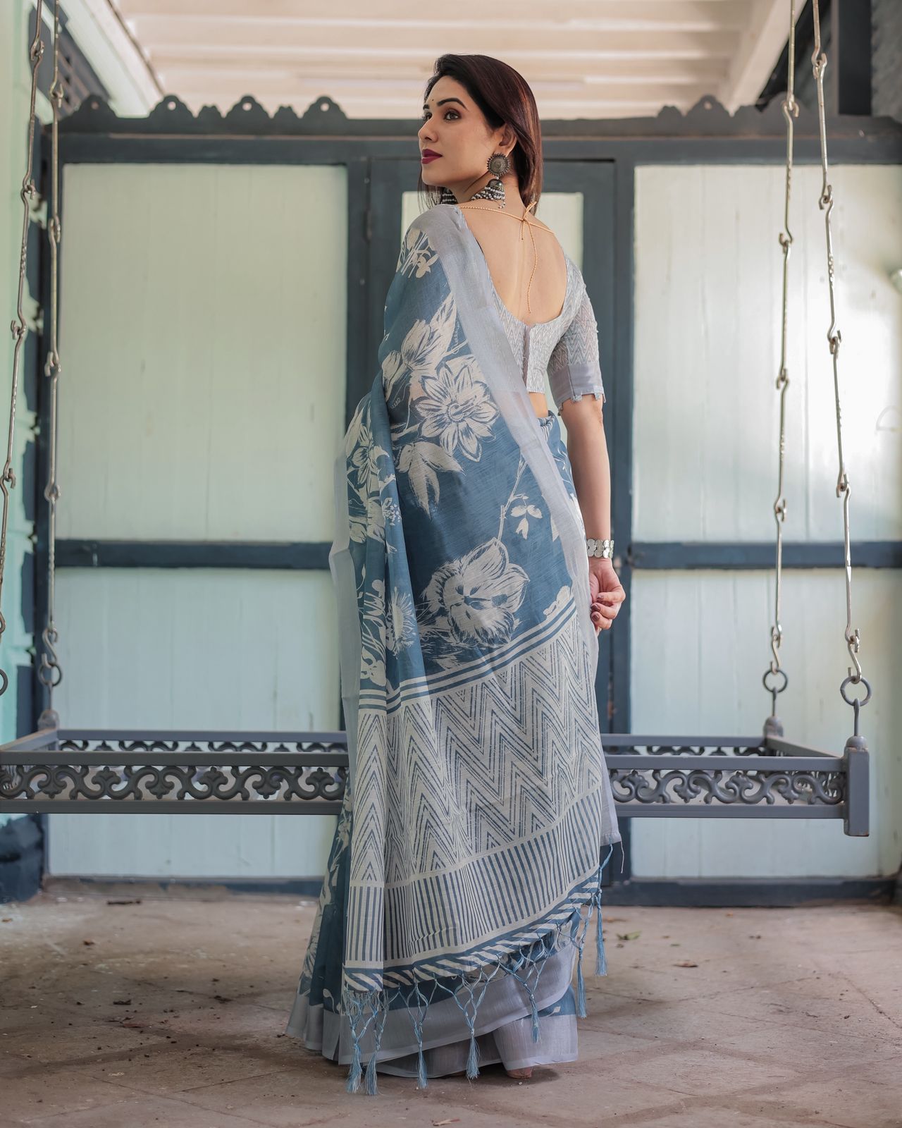 Blue Printed Linen Saree for Women