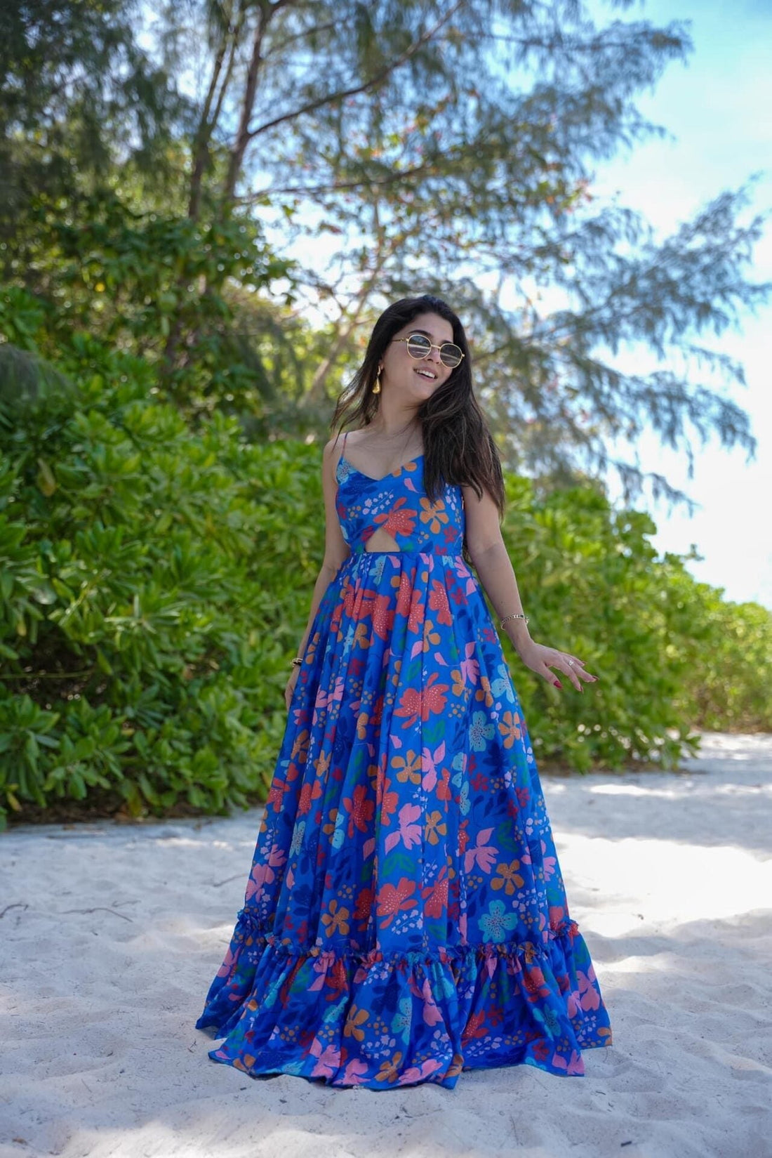 Blue Floral Printed Maxi Dress Beach Wear for Women