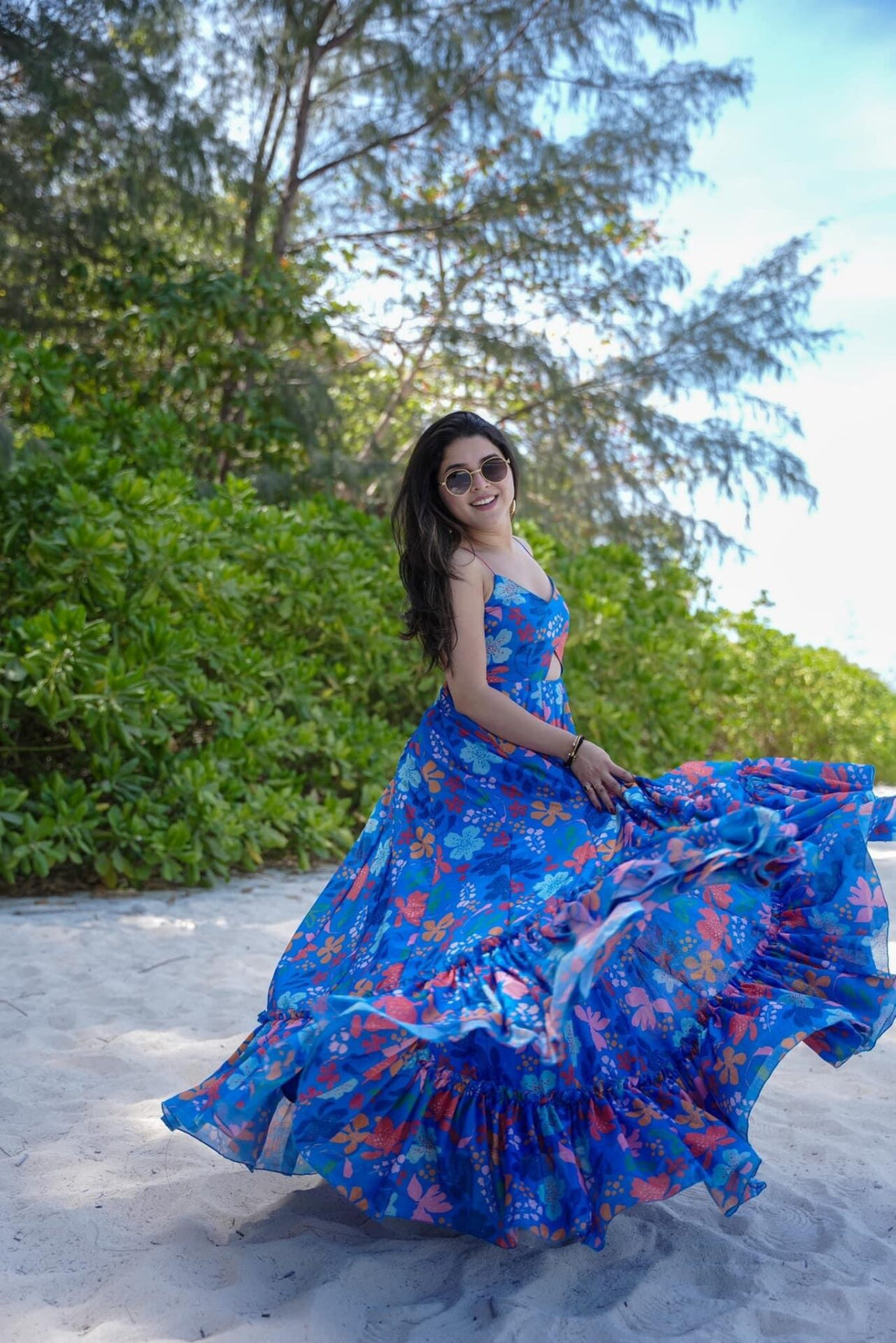 Blue Floral Printed Maxi Dress Beach Wear for Women