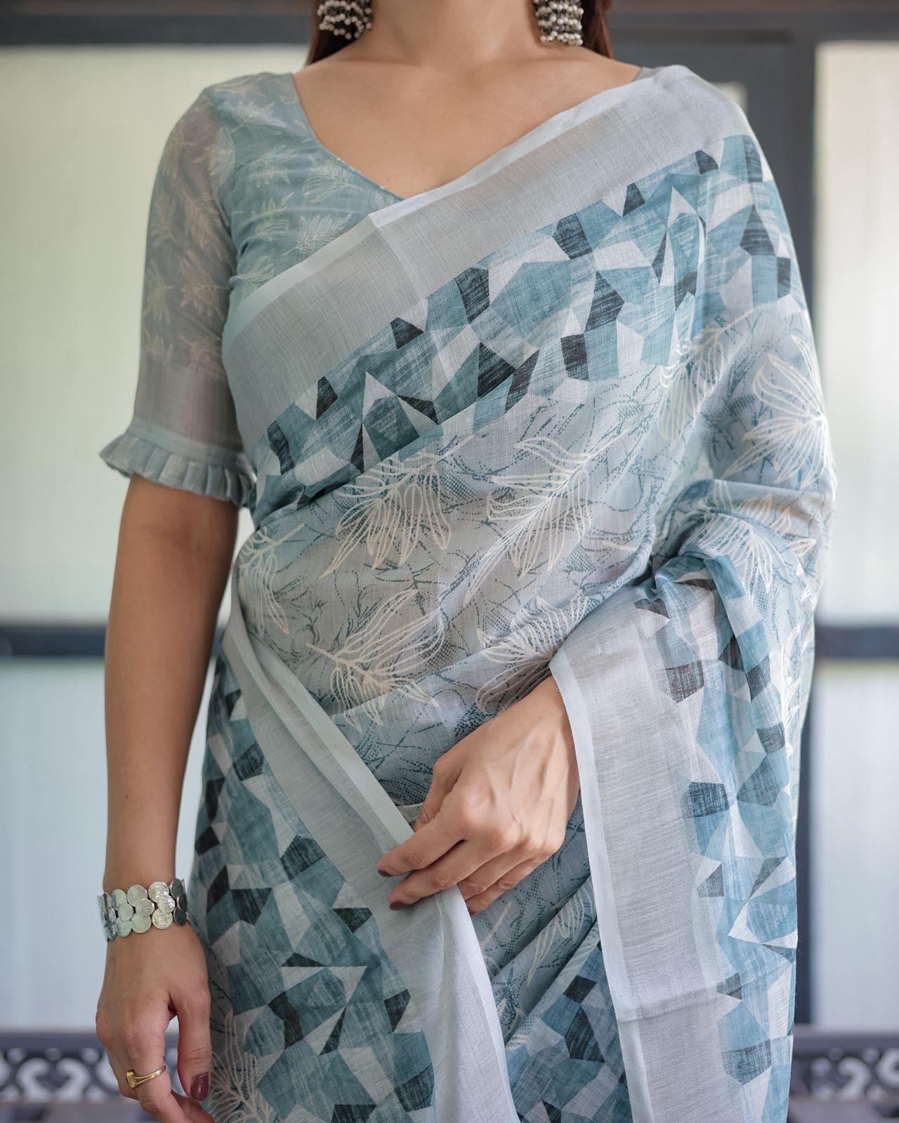 Pastel Blue Pure Linen Printed Saree with Blouse