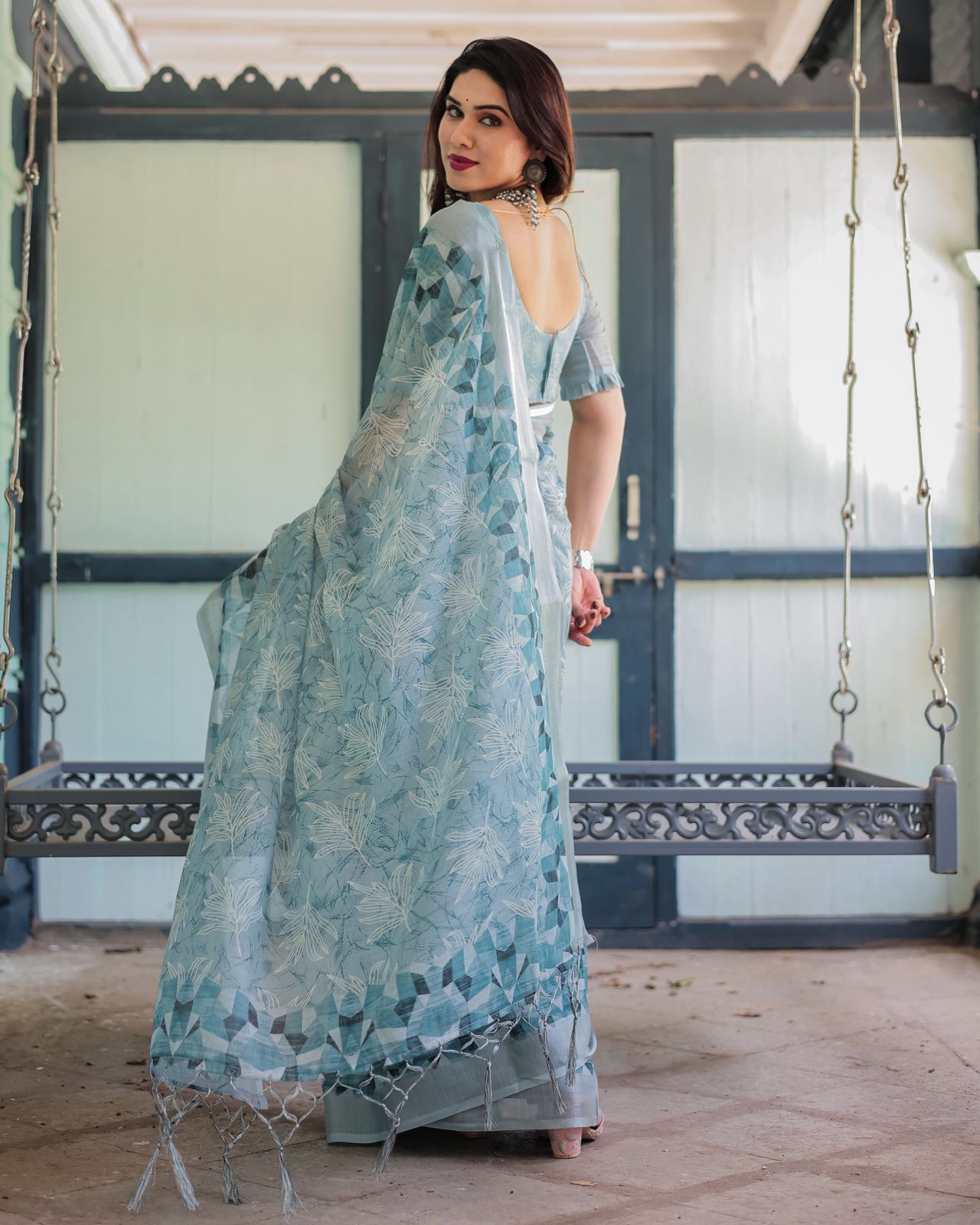 Pastel Blue Pure Linen Printed Saree with Blouse