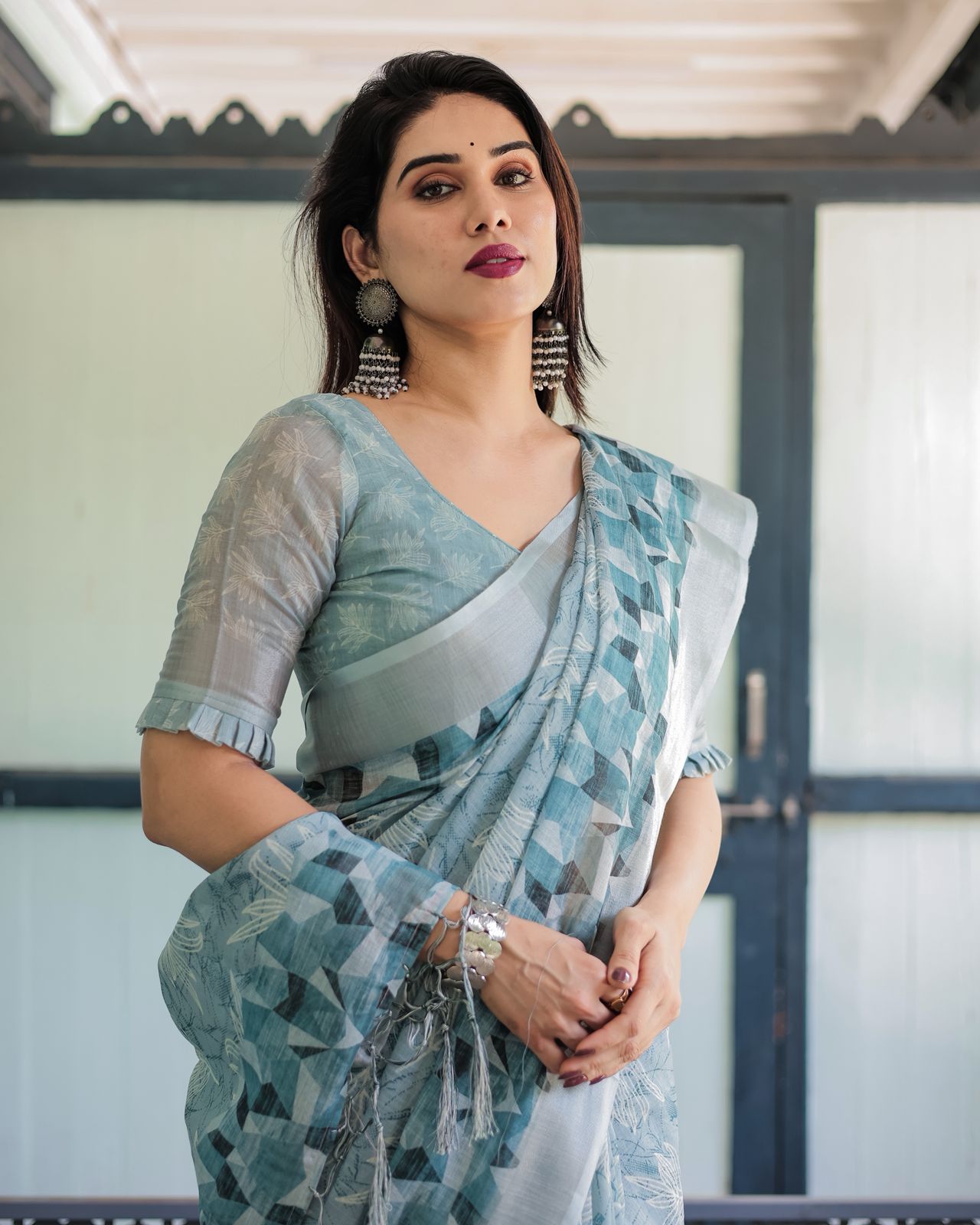 Pastel Blue Pure Linen Printed Saree with Blouse