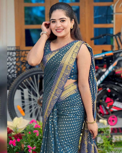 Blue Lichi Silk Jacquard Saree with Elegant Rich Pallu for Women