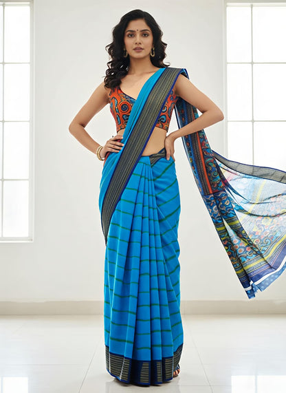 Blue Kora Silk Saree with Zari Border for Women