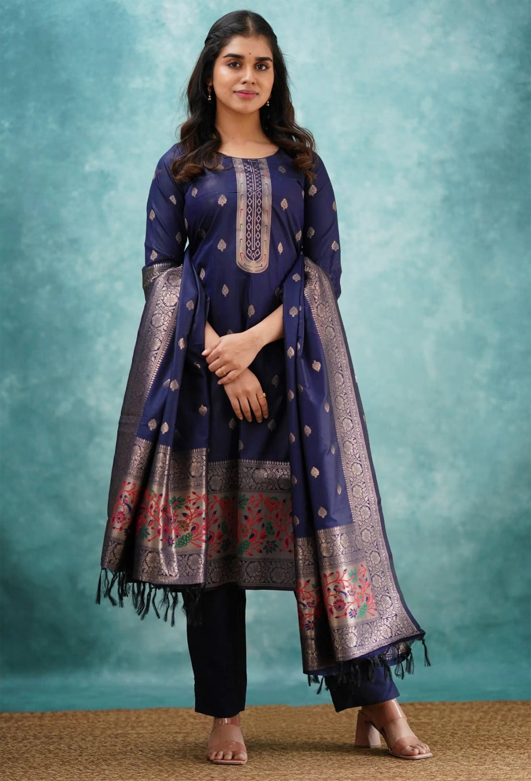 Navy Blue Traditional Kurta Pant Dupatta Ensemble