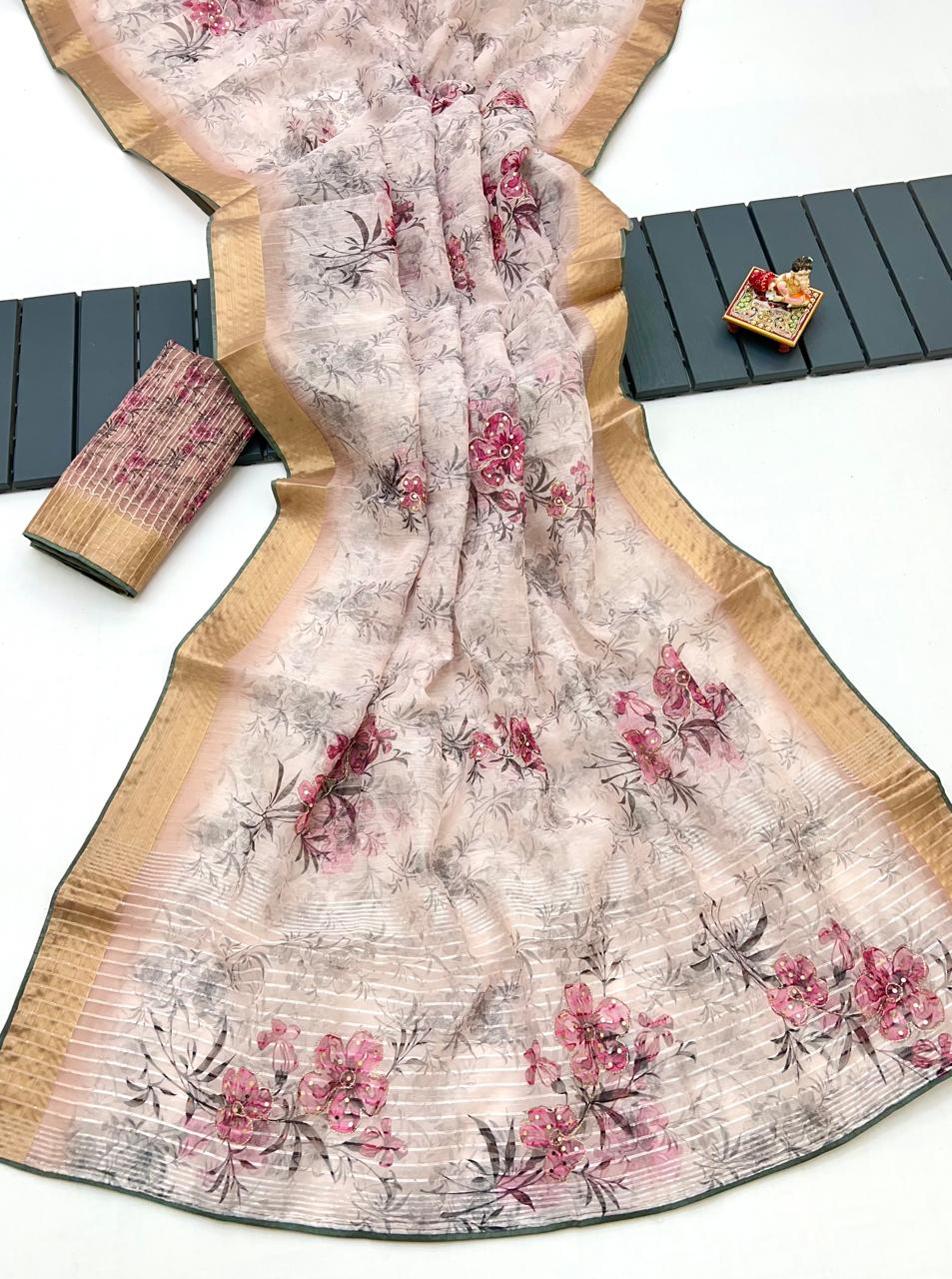 Elegant Blush Beige Organza Silk Festive Saree for Women