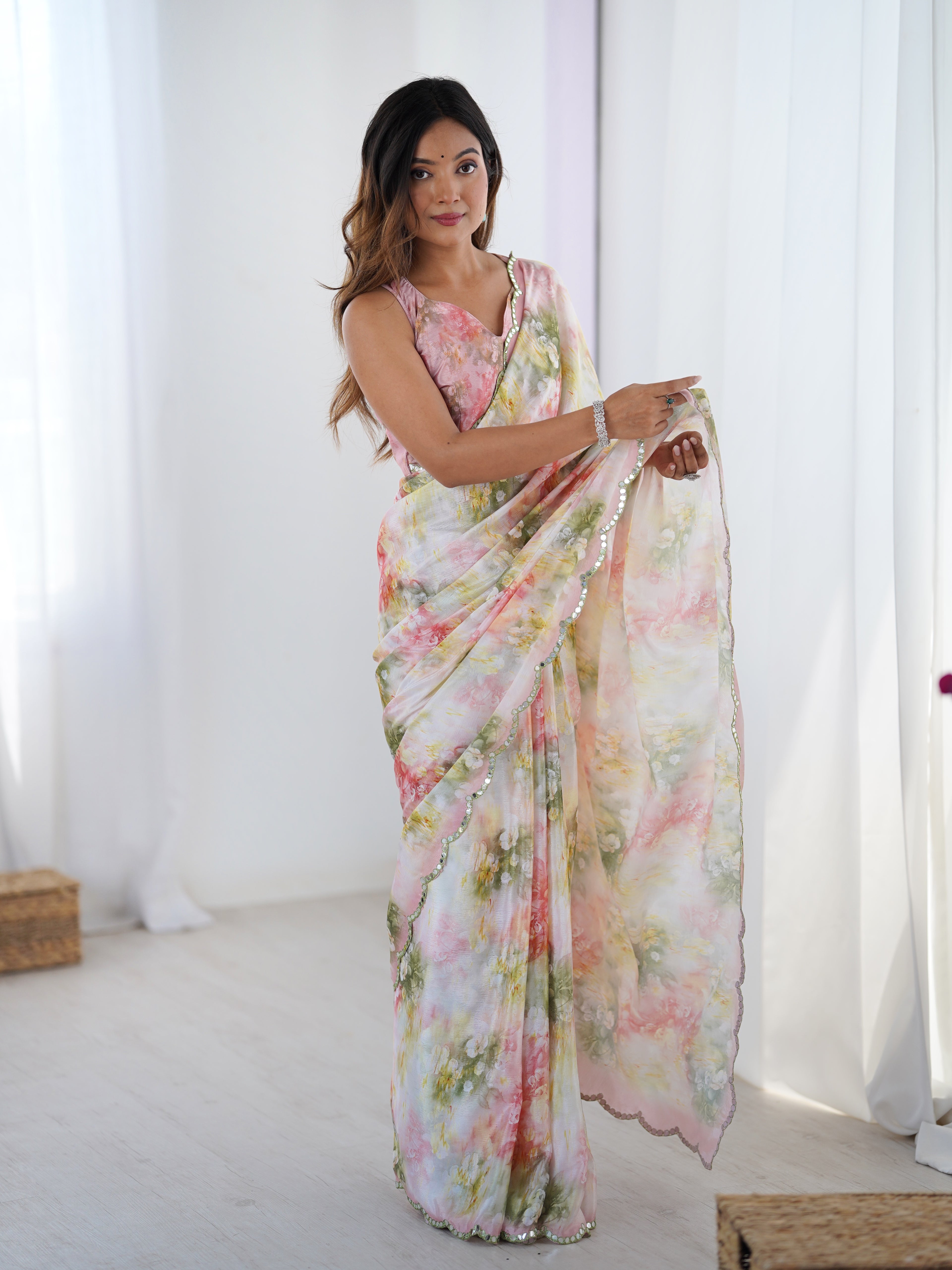 Blush Floral Heavy Chinon Saree with Blouse