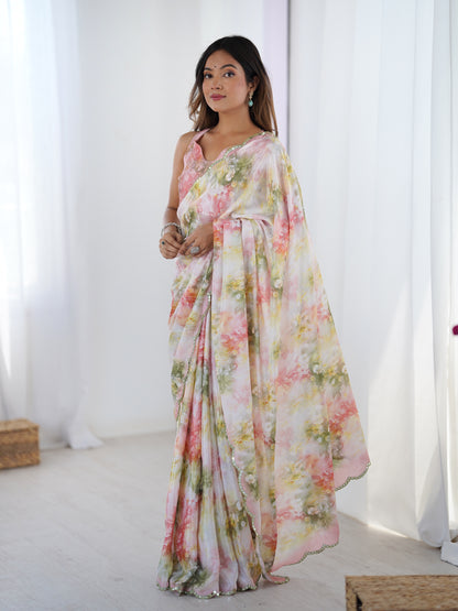 Blush Floral Heavy Chinon Saree with Blouse for Women