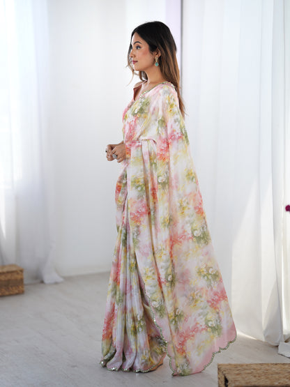 Blush Floral Heavy Chinon Saree with Blouse for Women