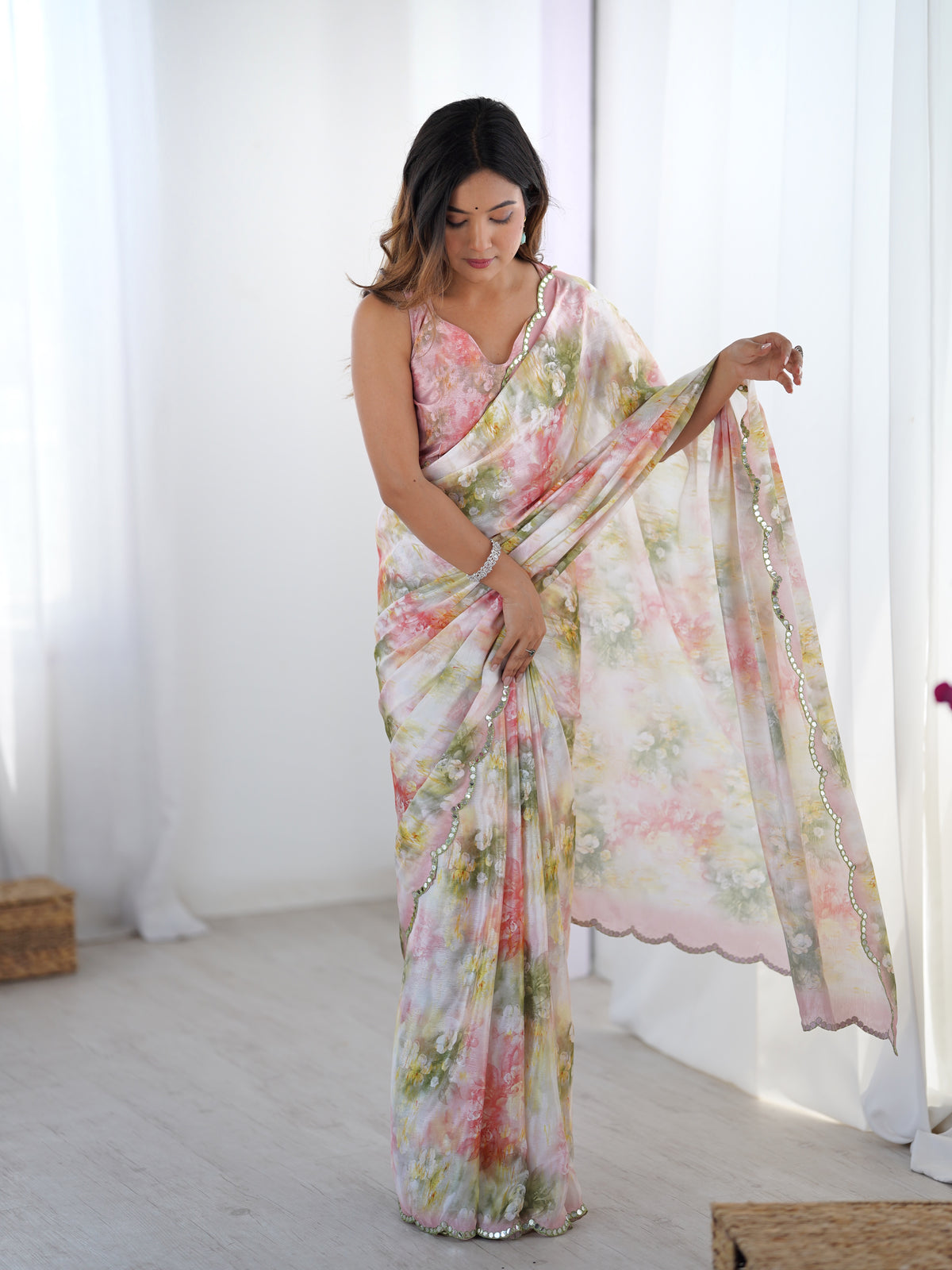 Blush Floral Heavy Chinon Saree with Blouse for Women