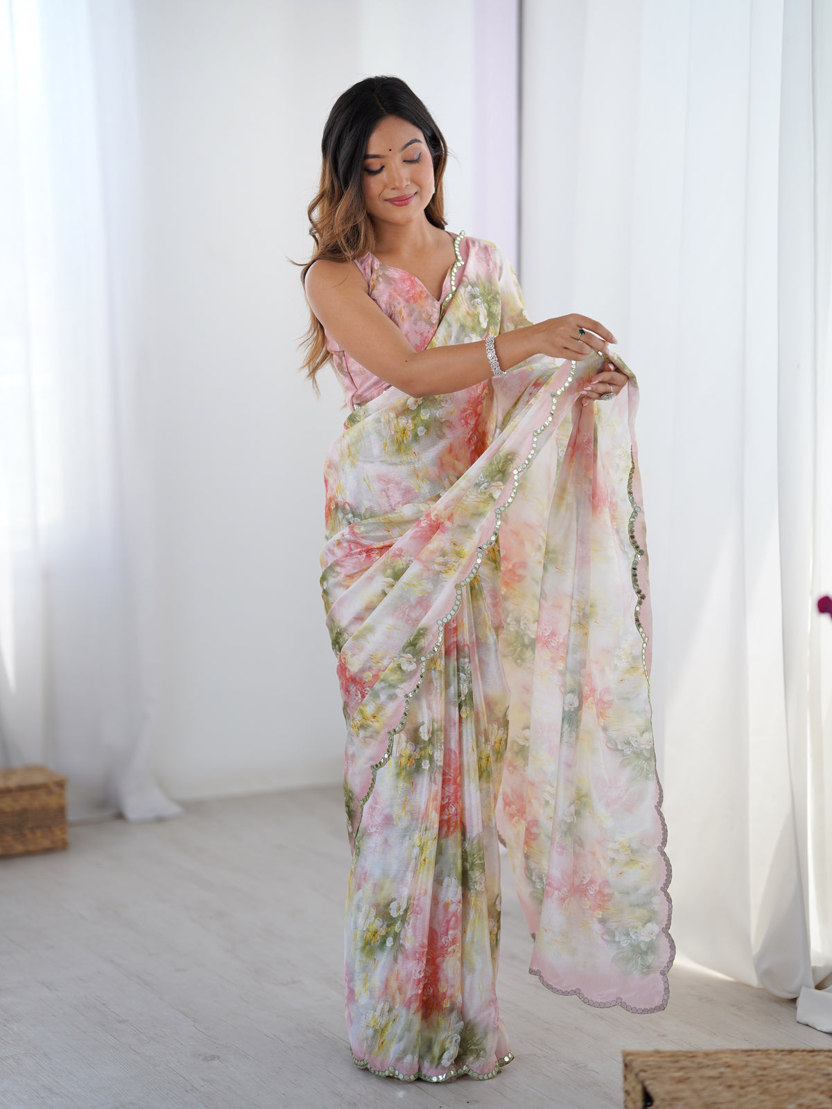 Blush Floral Heavy Chinon Saree with Blouse for Women