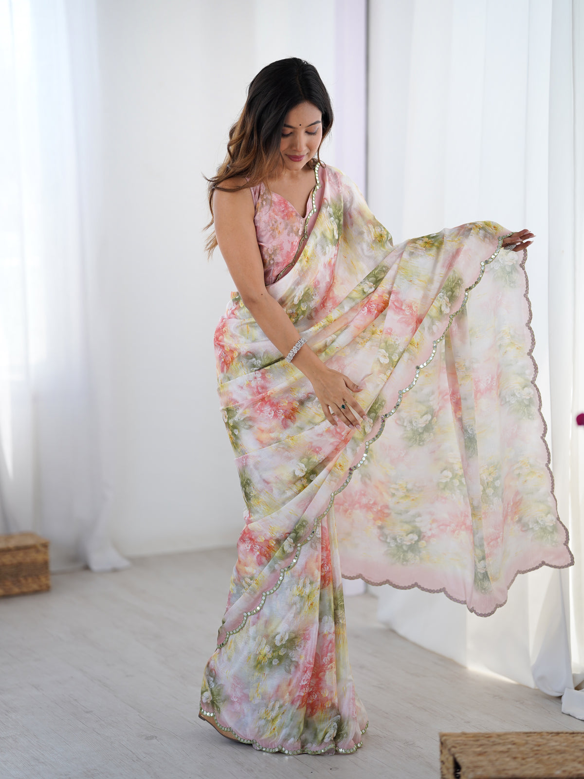 Blush Floral Heavy Chinon Saree with Blouse for Women