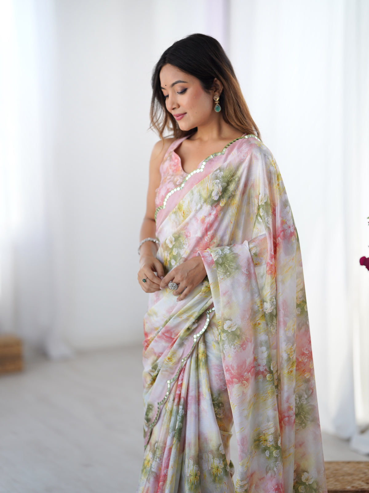 Blush Floral Heavy Chinon Saree with Blouse for Women