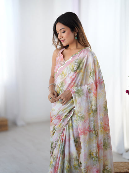 Blush Floral Heavy Chinon Saree with Blouse for Women