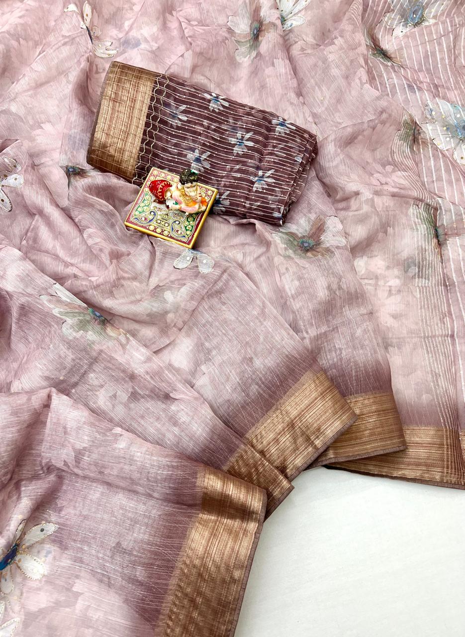 Blush Pink Bloom Organza Cotton Silk Festive Saree for Women