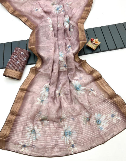 Blush Pink Bloom Organza Cotton Silk Festive Saree for Women