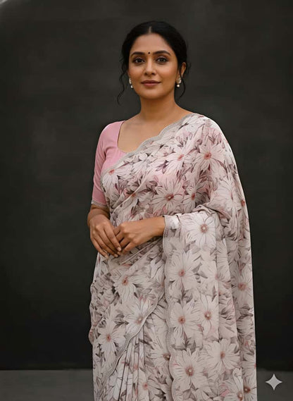 Blush Pink Grace Floral Digital Print Saree for Women