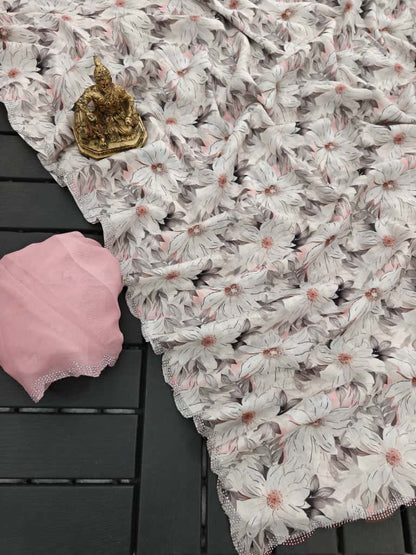 Blush Pink Grace Floral Digital Print Saree for Women