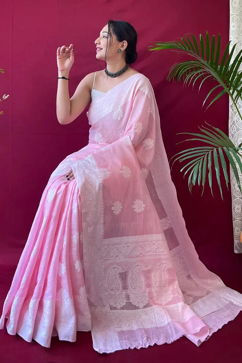 Blush Pink Silk Saree with Floral Zari Grace Weave