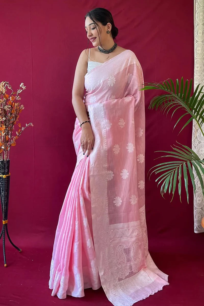 Blush Pink Silk Saree with Floral Zari Grace Weave for Women