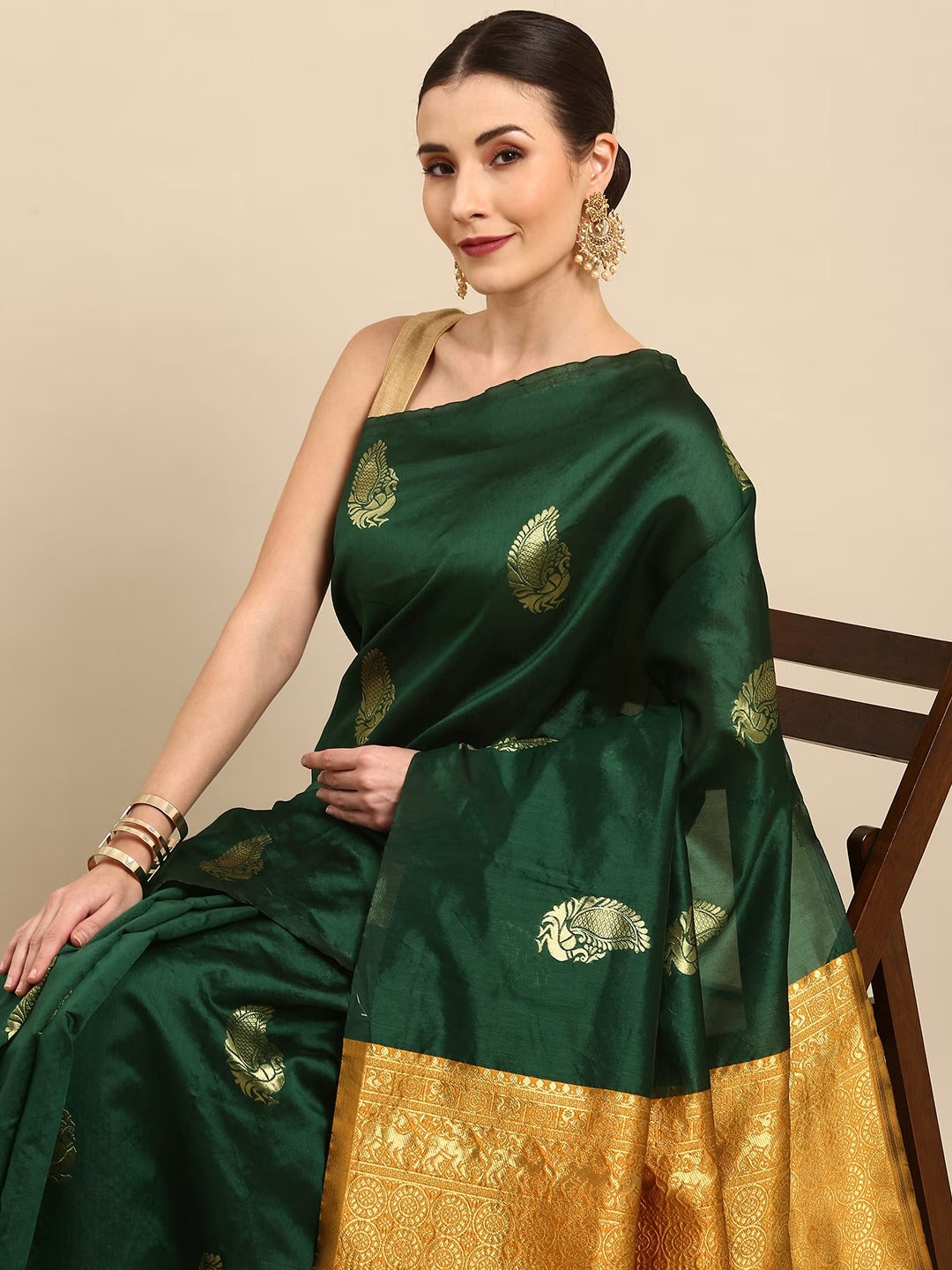 Bottle Green Banarasi Soft Silk Saree for Wedding Wear for Women