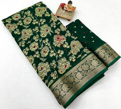 Bottle Green Festive Moss Georgette Saree With Blouse for Women