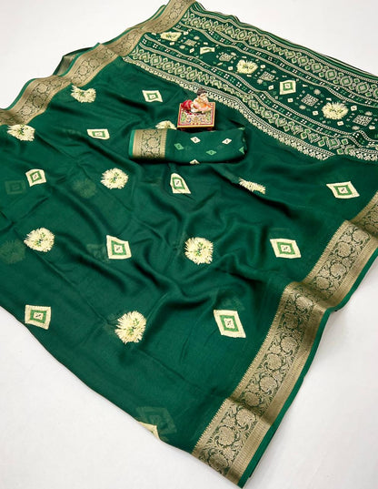 Bottle Green Moss Mellow Georgette Zari Saree for Women