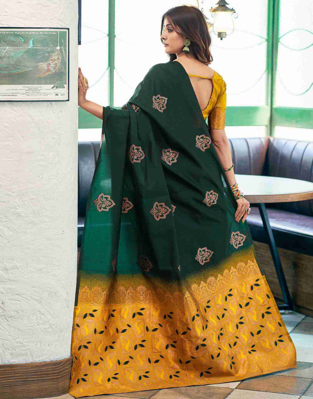 Bottle Green Lichi Silk Saree With Gold Jacquard Border for Women