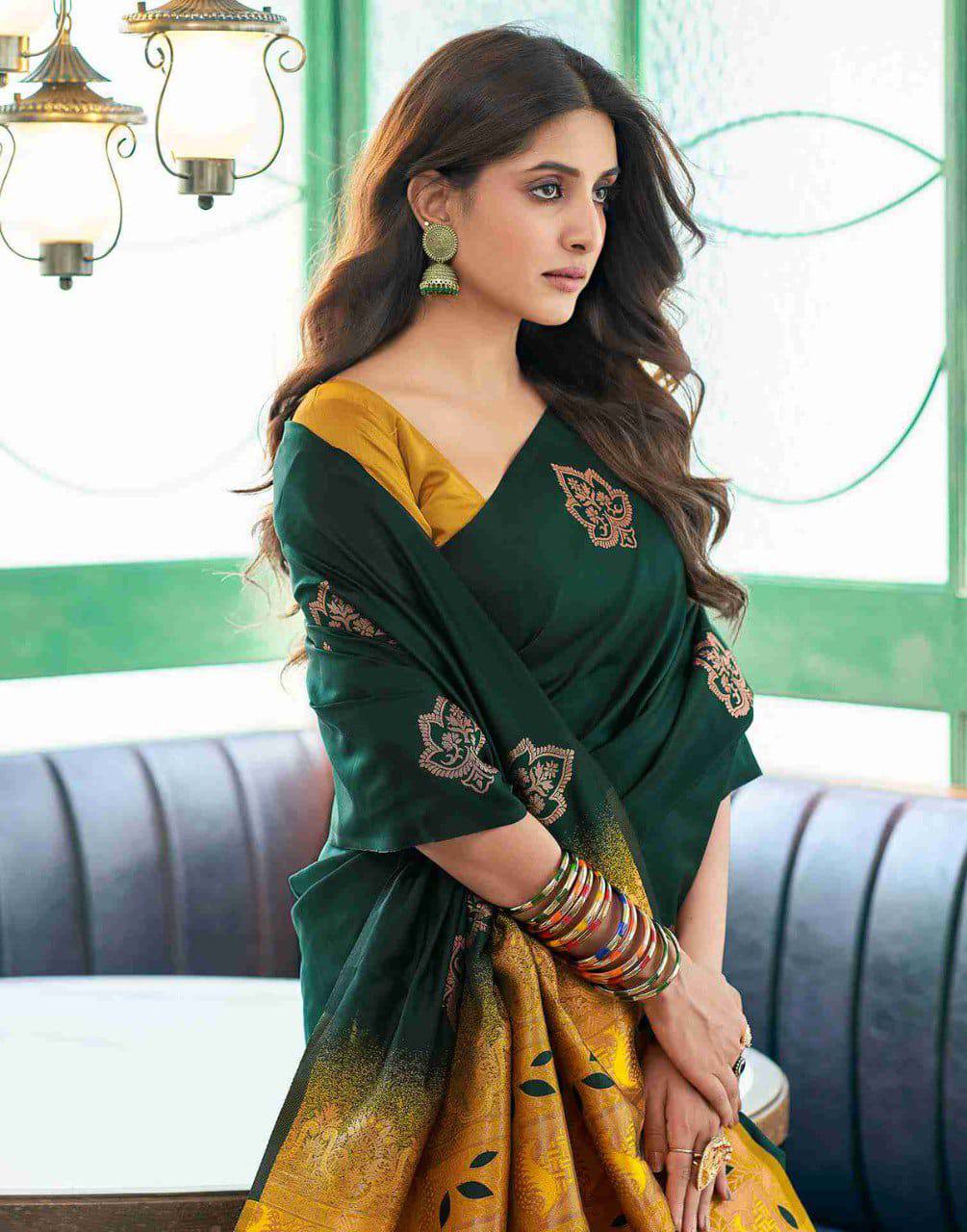Bottle Green Lichi Silk Saree With Gold Jacquard Border for Women