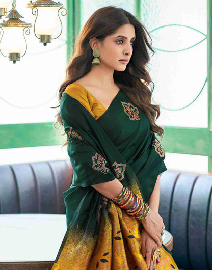 Bottle Green Lichi Silk Saree With Gold Jacquard Border for Women
