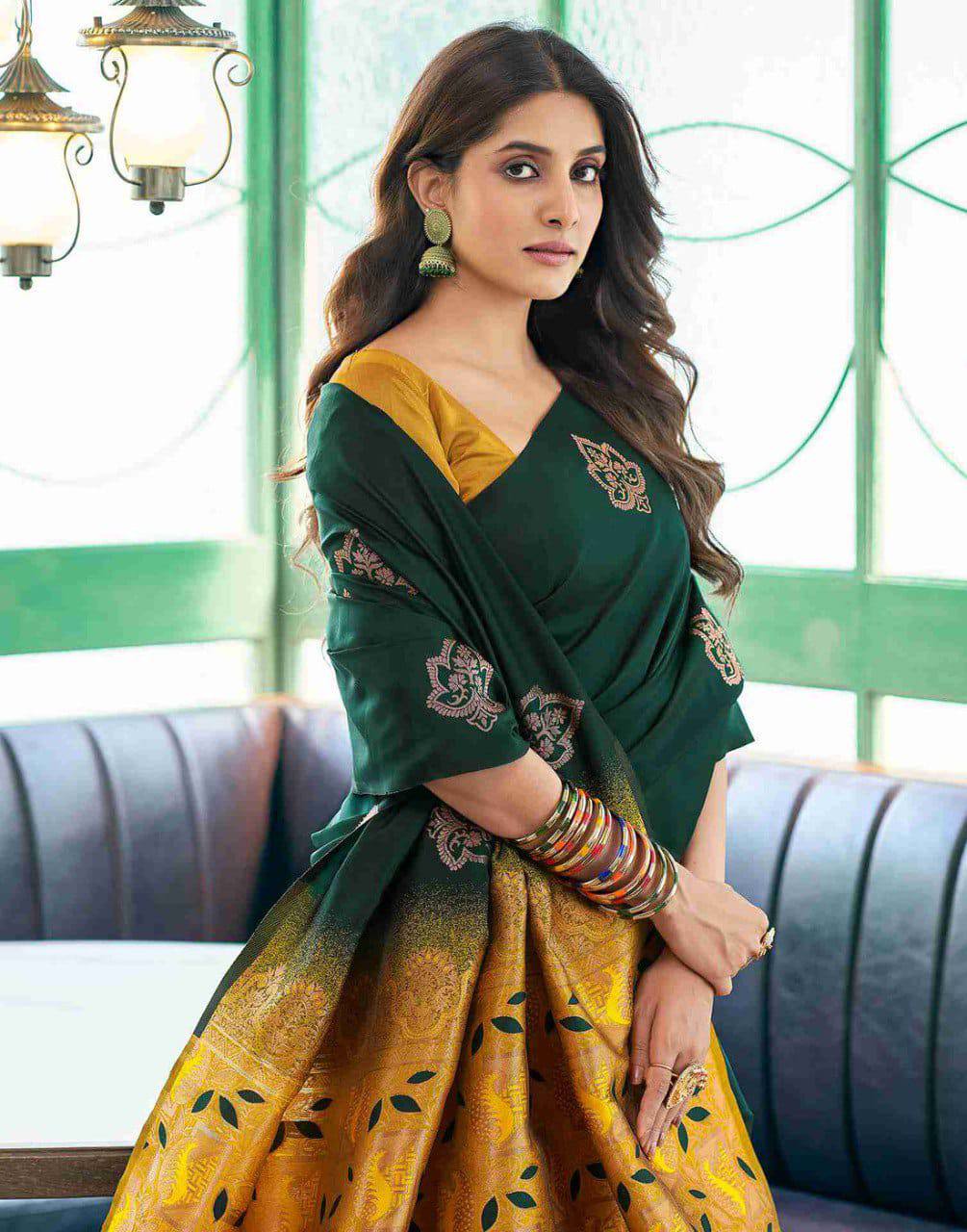Bottle Green Lichi Silk Saree With Gold Jacquard Border for Women