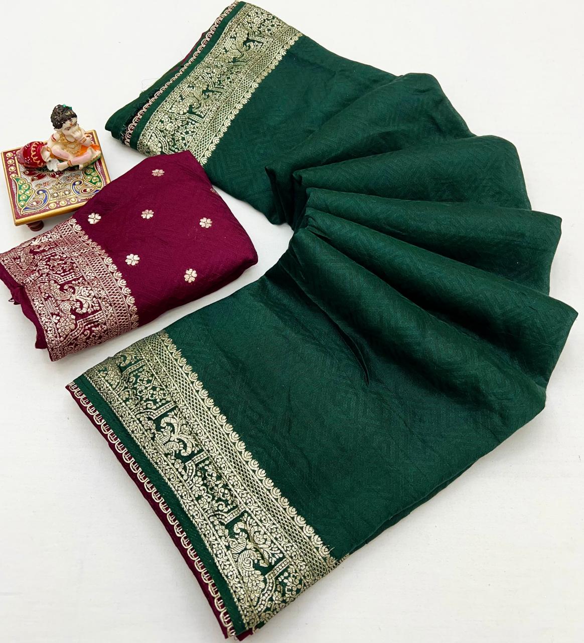 Bottle Green Maslin Silk Zari Woven Saree With Rich Pallu for Women