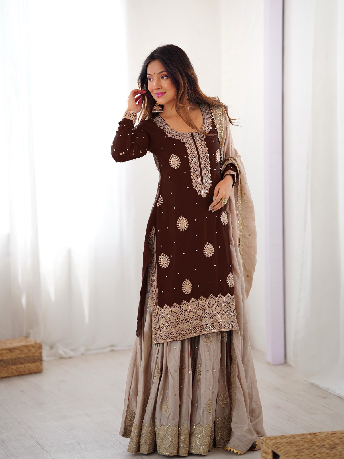 Brown Chinon Silk Sharara Suit Set for Women