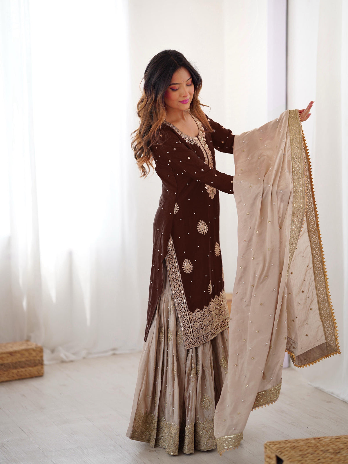 Brown Chinon Silk Sharara Suit Set for Women