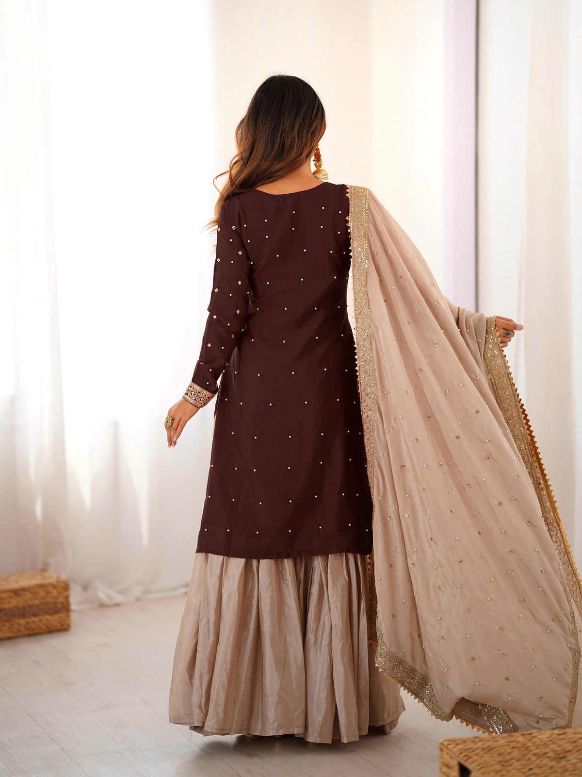 Brown Chinon Silk Sharara Suit Set for Women
