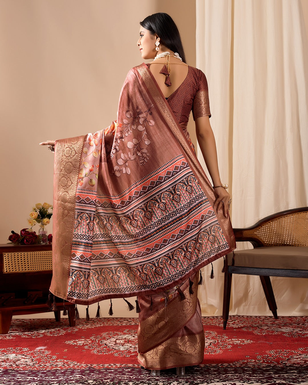 Brown Digital Printed Linen Cotton Patola Saree for Women