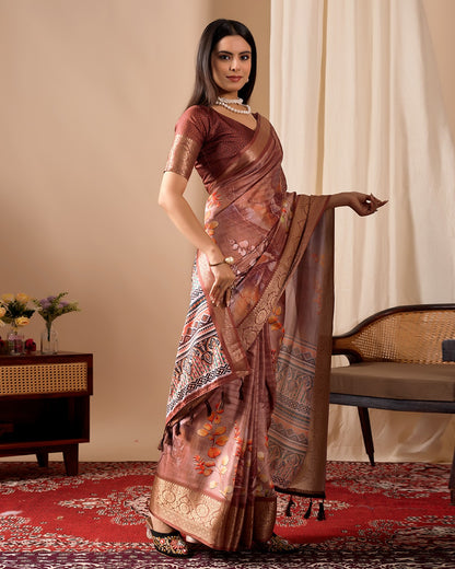 Brown Digital Printed Linen Cotton Patola Saree for Women