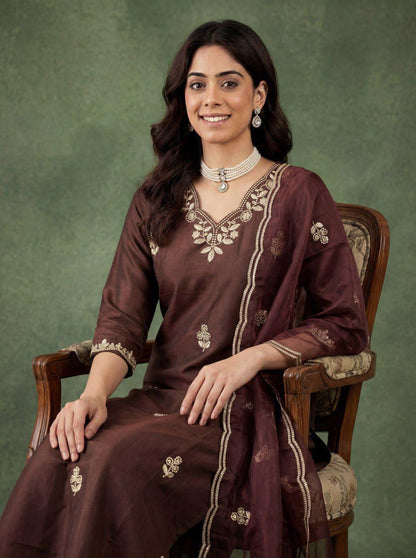 Brown Embroidered Cotton Kurta Pant Dupatta Set Women for Women
